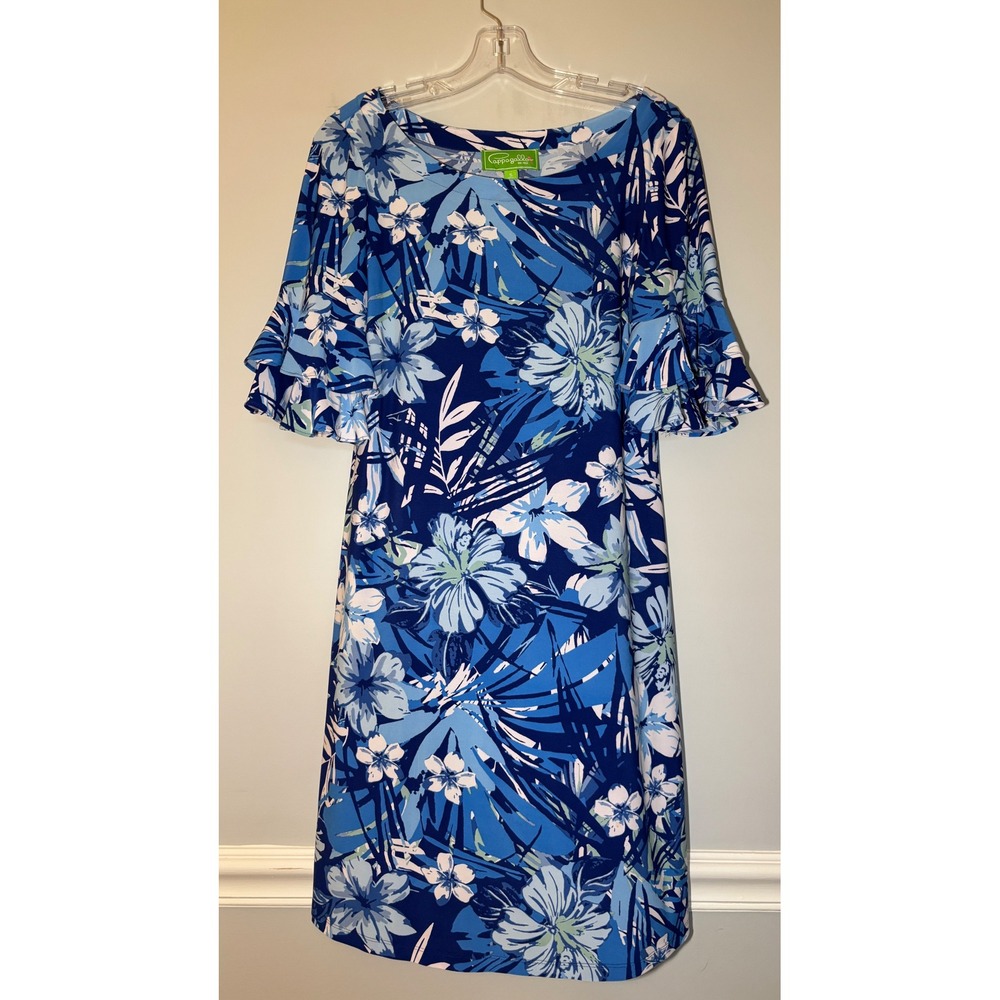 Pappagallo Floral Shift Dress Womens Blue White Ruffle‎ Sleeve